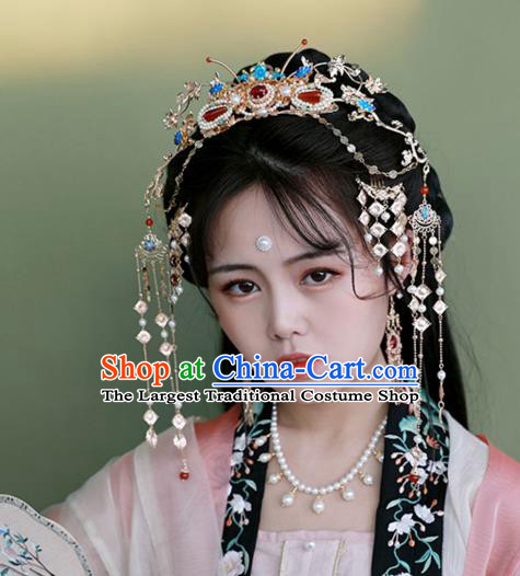 Chinese Ancient Palace Lady Pearls Tassel Hairpin Traditional Ming Dynasty Blueing Hair Crown