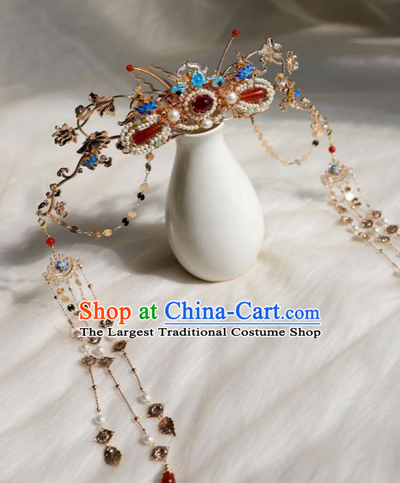 Chinese Ancient Palace Lady Pearls Tassel Hairpin Traditional Ming Dynasty Blueing Hair Crown