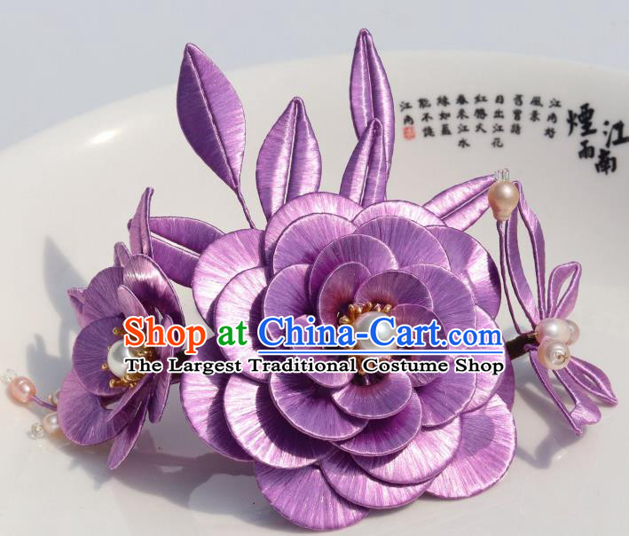 Chinese Traditional Hanfu Pearls Hair Comb Ancient Princess Lilac Camellia Hairpin