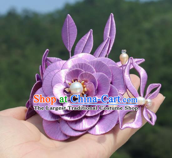 Chinese Traditional Hanfu Pearls Hair Comb Ancient Princess Lilac Camellia Hairpin