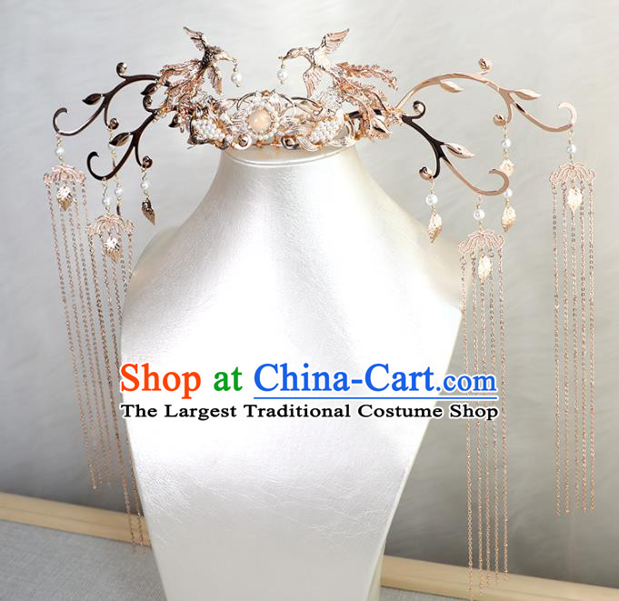 Chinese Ancient Court Lady Phoenix Coronet Traditional Song Dynasty Golden Birds Tassel Hair Crown