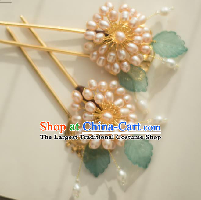 Chinese Handmade Pearls Chrysanthemum Hair Stick Ancient Ming Dynasty Princess Hairpin