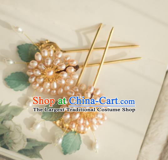 Chinese Handmade Pearls Chrysanthemum Hair Stick Ancient Ming Dynasty Princess Hairpin