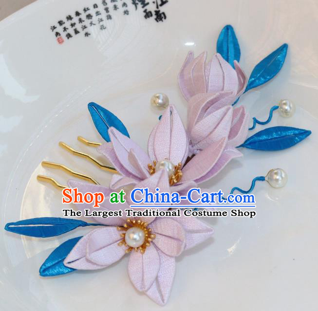Chinese Ancient Princess Light Pink Silk Lily Flowers Hairpin Traditional Song Dynasty Palace Lady Hair Comb