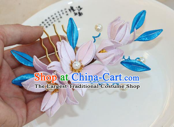 Chinese Ancient Princess Light Pink Silk Lily Flowers Hairpin Traditional Song Dynasty Palace Lady Hair Comb