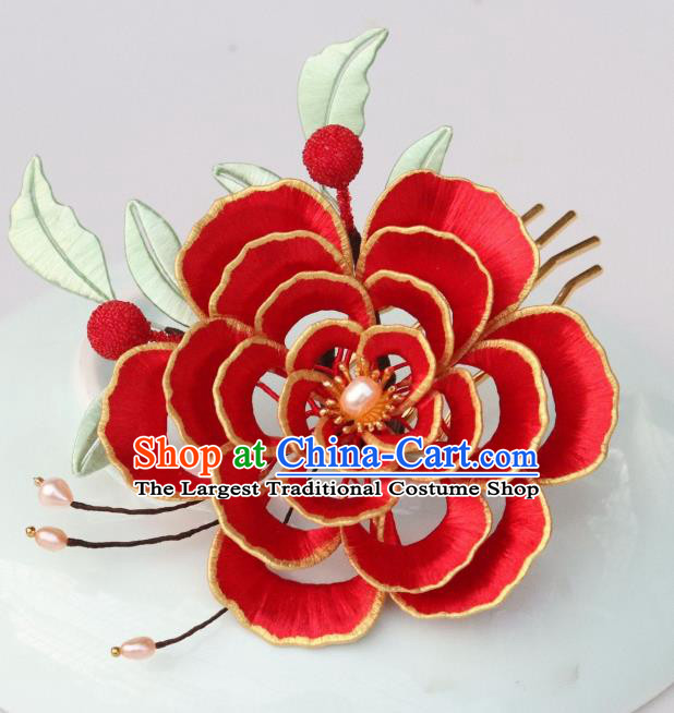 Chinese Ancient Empress Hairpin Traditional Song Dynasty Wedding Red Peony Hair Comb