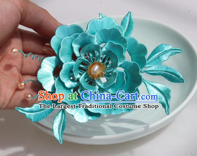 Chinese Ancient Court Princess Hairpin Traditional Ming Dynasty Blue Silk Peony Hair Comb Headpiece