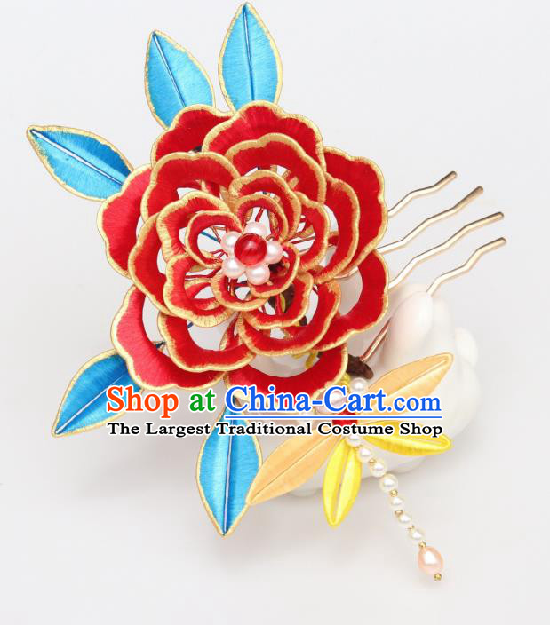 Chinese Ancient Pearls Dragonfly Hairpin Traditional Ming Dynasty Wedding Red Silk Peony Hair Comb Headwear