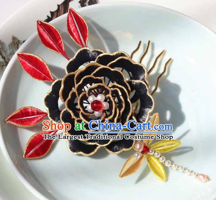 Chinese Traditional Ming Dynasty Black Silk Peony Hair Comb Headwear Ancient Princess Pearls Dragonfly Hairpin