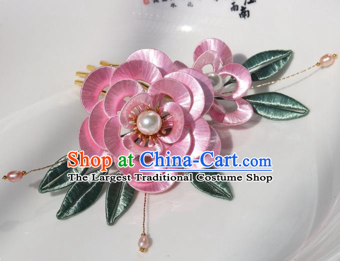Chinese Ancient Court Princess Pearls Hairpin Traditional Ming Dynasty Pink Silk Peony Hair Comb