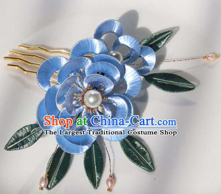 Chinese Ancient Palace Princess Pearls Hairpin Traditional Ming Dynasty Court Woman Blue Peony Hair Comb