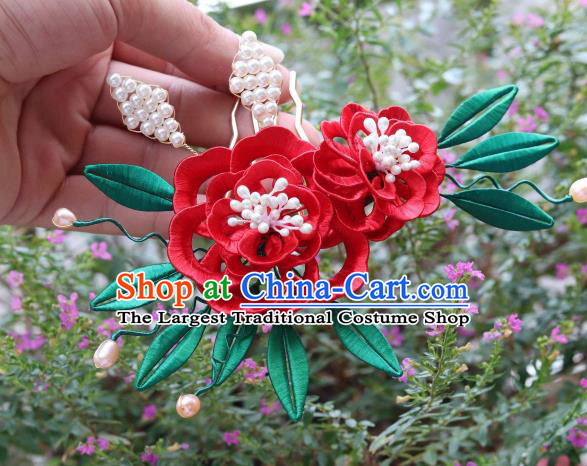 Chinese Handmade Red Silk Peony Hair Comb Ancient Song Dynasty Court Woman Pearls Hairpin