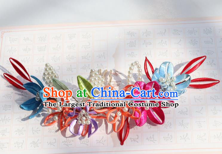 Chinese Handmade Court Woman Hair Comb Ancient Ming Dynasty Empress Silk Flowers Hairpin