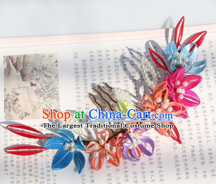 Chinese Handmade Court Woman Hair Comb Ancient Ming Dynasty Empress Silk Flowers Hairpin