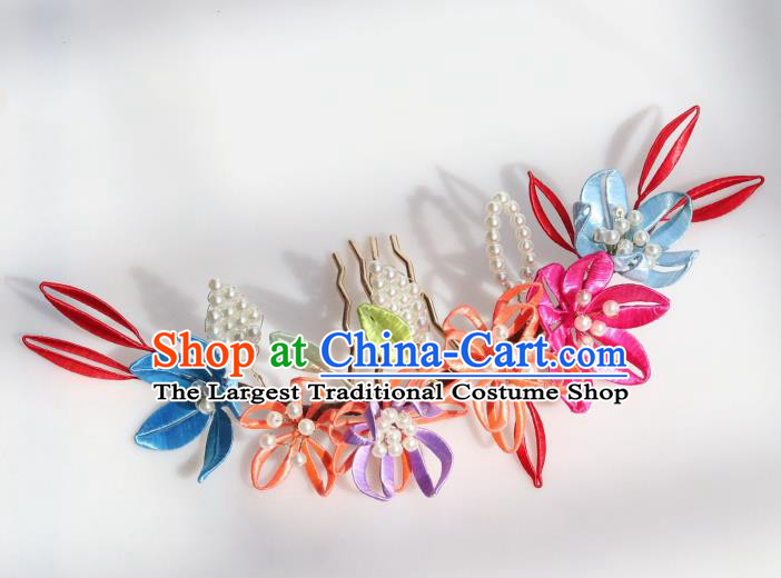 Chinese Handmade Court Woman Hair Comb Ancient Ming Dynasty Empress Silk Flowers Hairpin