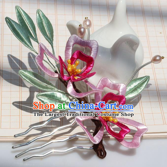 Chinese Handmade Silk Lily Flowers Hair Comb Ancient Ming Dynasty Empress Pearls Hairpin