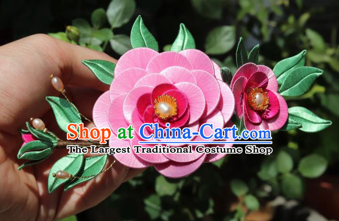 Chinese Ancient Court Lady Pearls Hairpin Handmade Ming Dynasty Princess Rosy Camellia Hair Comb