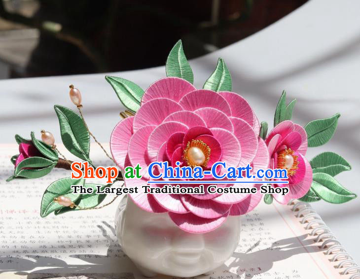 Chinese Ancient Court Lady Pearls Hairpin Handmade Ming Dynasty Princess Rosy Camellia Hair Comb