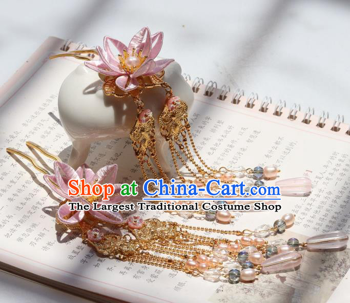 Chinese Ancient Infanta Pink Peach Blossom Hairpin Handmade Ming Dynasty Princess Tassel Hair Stick