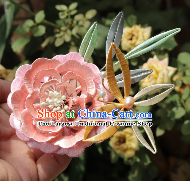 Chinese Ancient Princess Hair Accessories Traditional Hanfu Pink Silk Peony Butterfly Hairpin