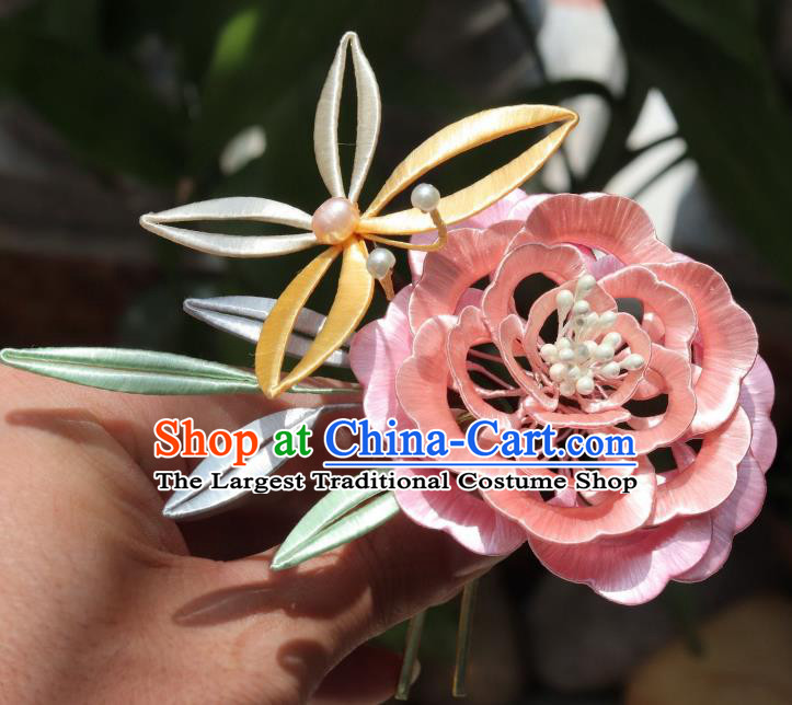 Chinese Ancient Princess Hair Accessories Traditional Hanfu Pink Silk Peony Butterfly Hairpin