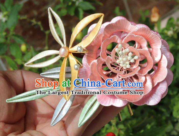 Chinese Ancient Princess Hair Accessories Traditional Hanfu Pink Silk Peony Butterfly Hairpin