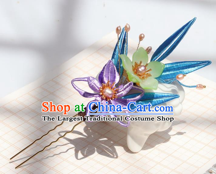 Chinese Handmade Ming Dynasty Hair Accessories Ancient Palace Princess Purple Silk Flower Hairpin