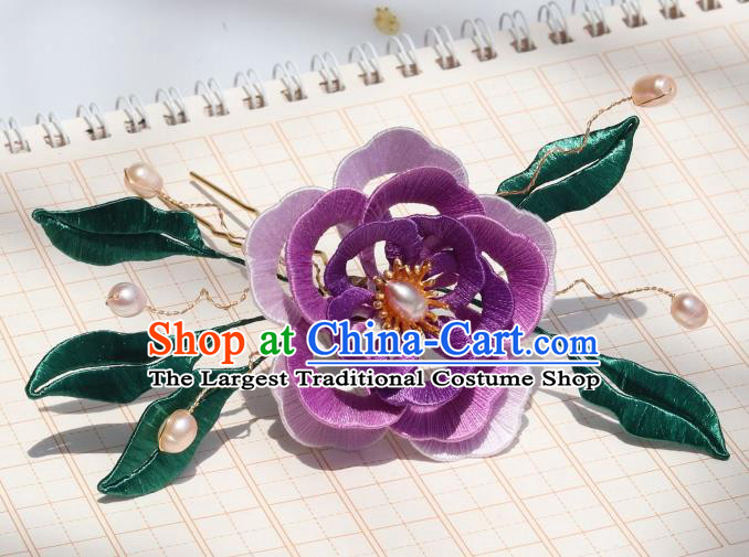 Chinese Handmade Pearls Hairpin Hair Accessories Ancient Palace Princess Purple Silk Camellia Hair Comb