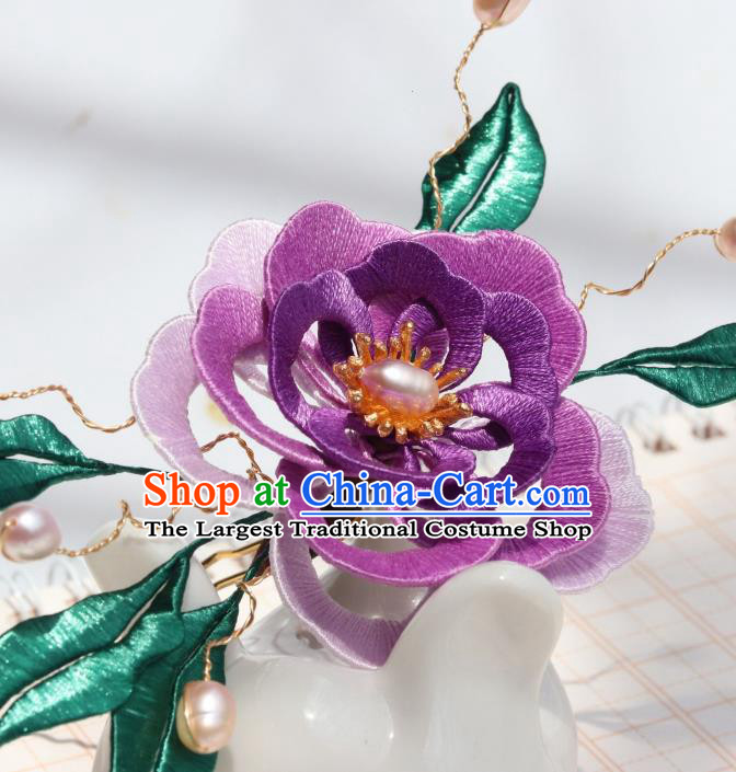 Chinese Handmade Pearls Hairpin Hair Accessories Ancient Palace Princess Purple Silk Camellia Hair Comb