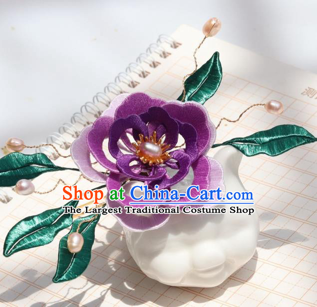Chinese Handmade Pearls Hairpin Hair Accessories Ancient Palace Princess Purple Silk Camellia Hair Comb