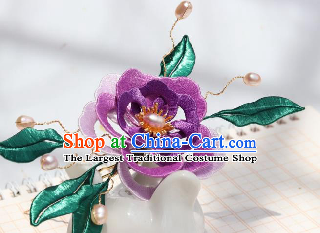 Chinese Handmade Pearls Hairpin Hair Accessories Ancient Palace Princess Purple Silk Camellia Hair Comb