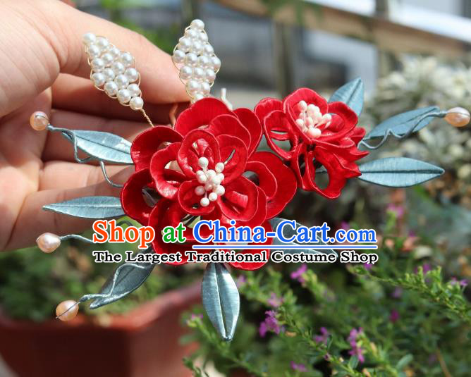 Chinese Handmade Pearls Hair Comb Ancient Ming Dynasty Court Princess Red Peony Hairpin