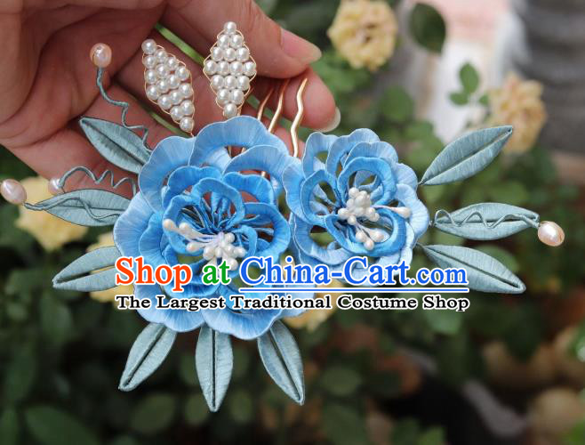 Chinese Handmade Flowers Hair Comb Ancient Ming Dynasty Court Princess Blue Silk Peony Hairpin