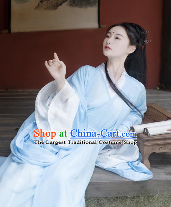 China Ancient Goddess Blue Chiffon Hanfu Dress Garment Traditional Jin Dynasty Princess Historical Clothing