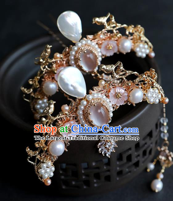Chinese Ancient Palace Beauty Tassel Hairpin Traditional Ming Dynasty Princess Shell Hair Crown