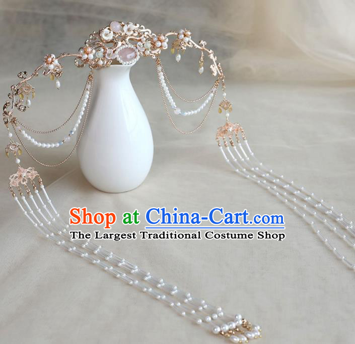 Chinese Ancient Noble Lady Golden Hairpin Traditional Ming Dynasty Princess Pearls Tassel Hair Crown
