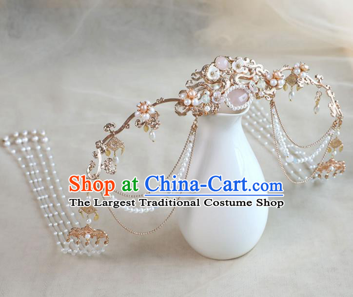 Chinese Ancient Noble Lady Golden Hairpin Traditional Ming Dynasty Princess Pearls Tassel Hair Crown
