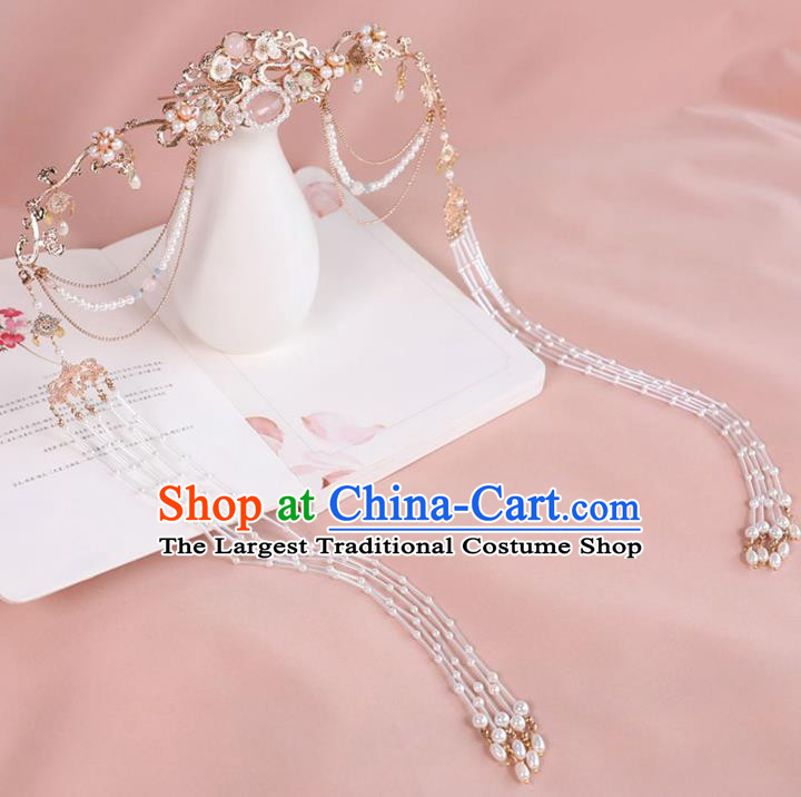 Chinese Ancient Noble Lady Golden Hairpin Traditional Ming Dynasty Princess Pearls Tassel Hair Crown