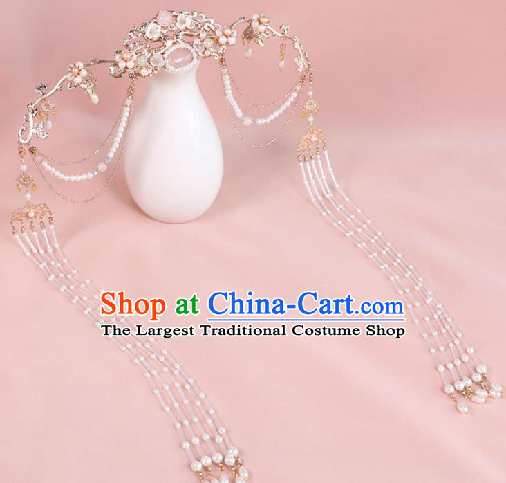 Chinese Ancient Noble Lady Golden Hairpin Traditional Ming Dynasty Princess Pearls Tassel Hair Crown