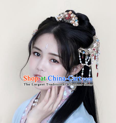 Chinese Ancient Court Princess Golden Hairpin Traditional Song Dynasty Pearls Tassel Hair Comb