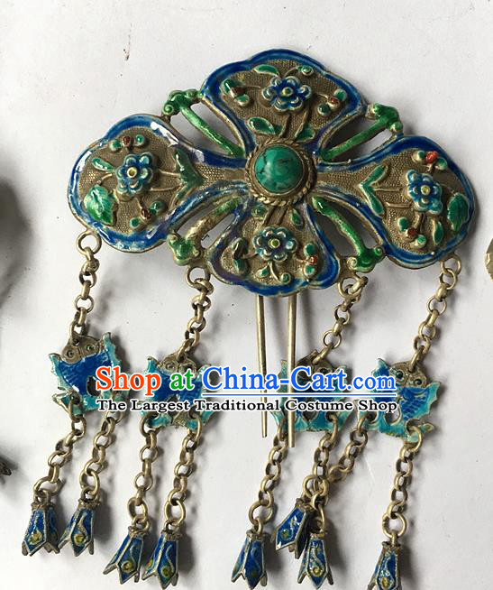 Chinese Ancient Court Woman Cloisonne Carp Tassel Hairpin Traditional Qing Dynasty Court Silver Hair Stick
