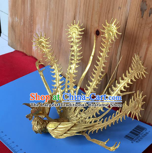 Chinese Ancient Court Woman Hairpin Traditional Ming Dynasty Empress Golden Phoenix Hair Crown Headwear