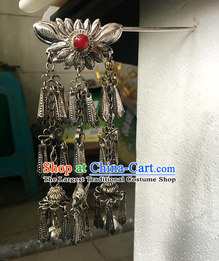 Chinese Ancient Royal Princess Ruby Tassel Hairpin Traditional Ming Dynasty Palace Lady Silver Lotus Hair Stick