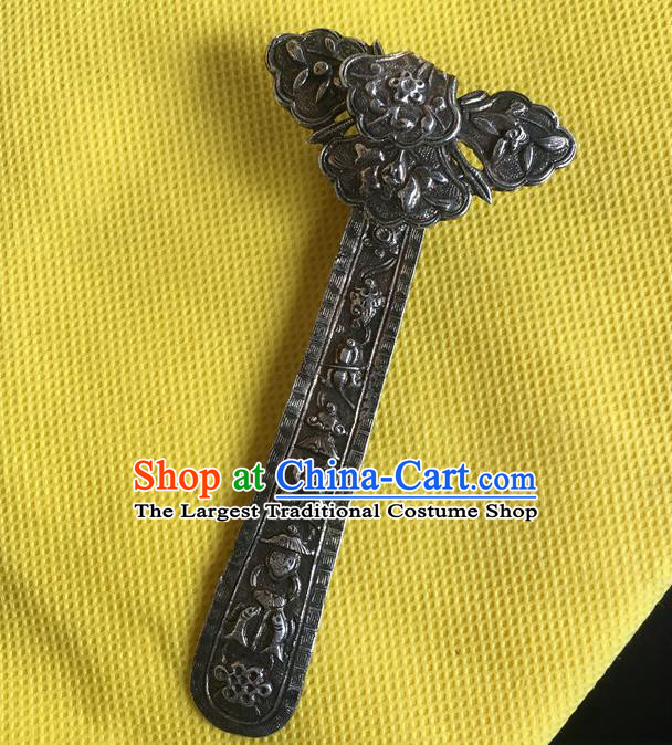 Chinese Ancient Imperial Concubine Hairpin Headwear Traditional Qing Dynasty Silver Carving Hair Stick