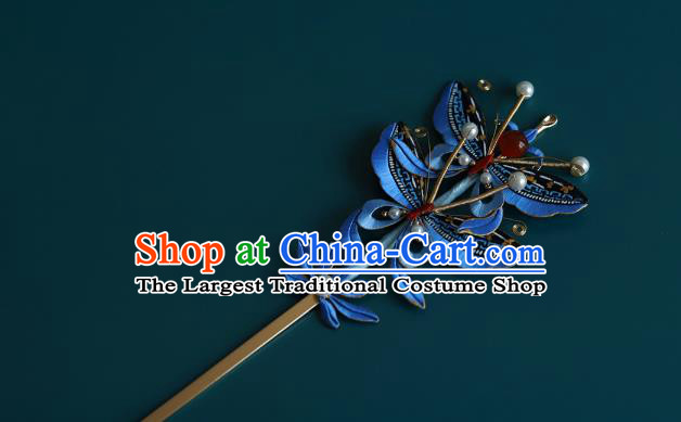 Chinese Traditional Qing Dynasty Court Hairpin Hair Accessories Ancient Imperial Concubine Blue Silk Butterfly Hair Stick