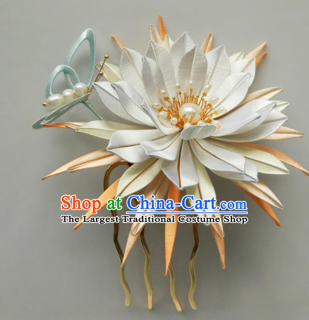 Chinese Traditional Song Dynasty Palace Hairpin Hair Accessories Ancient Princess White Silk Epiphyllum Hair Comb