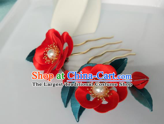 Chinese Traditional Ming Dynasty Pearls Hairpin Hair Accessories Ancient Princess Red Silk Camellia Hair Comb