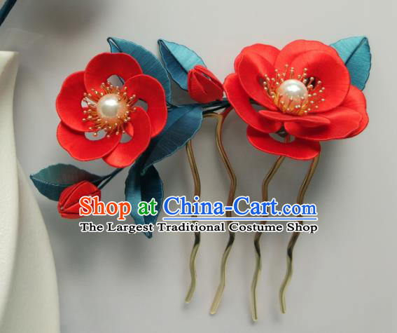 Chinese Traditional Ming Dynasty Pearls Hairpin Hair Accessories Ancient Princess Red Silk Camellia Hair Comb