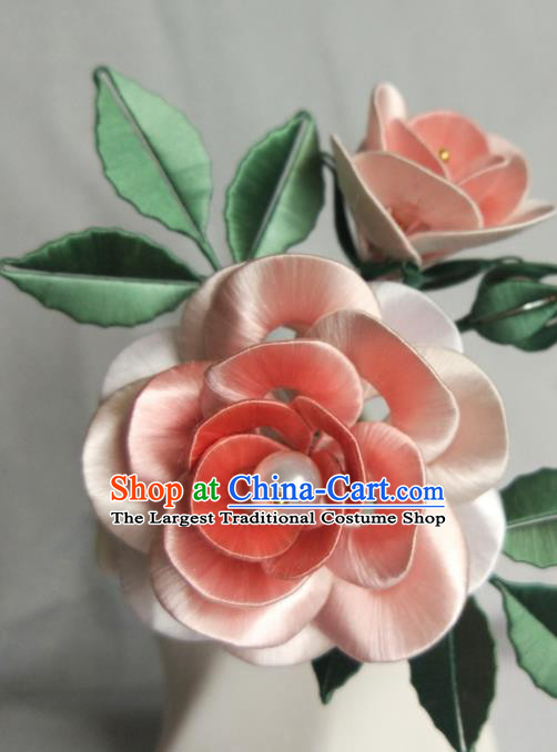 Chinese Song Dynasty Hair Accessories Ancient Princess Hair Stick Traditional Pink Silk Camellia Hairpin