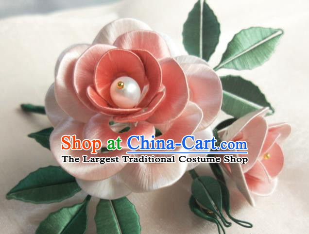 Chinese Song Dynasty Hair Accessories Ancient Princess Hair Stick Traditional Pink Silk Camellia Hairpin